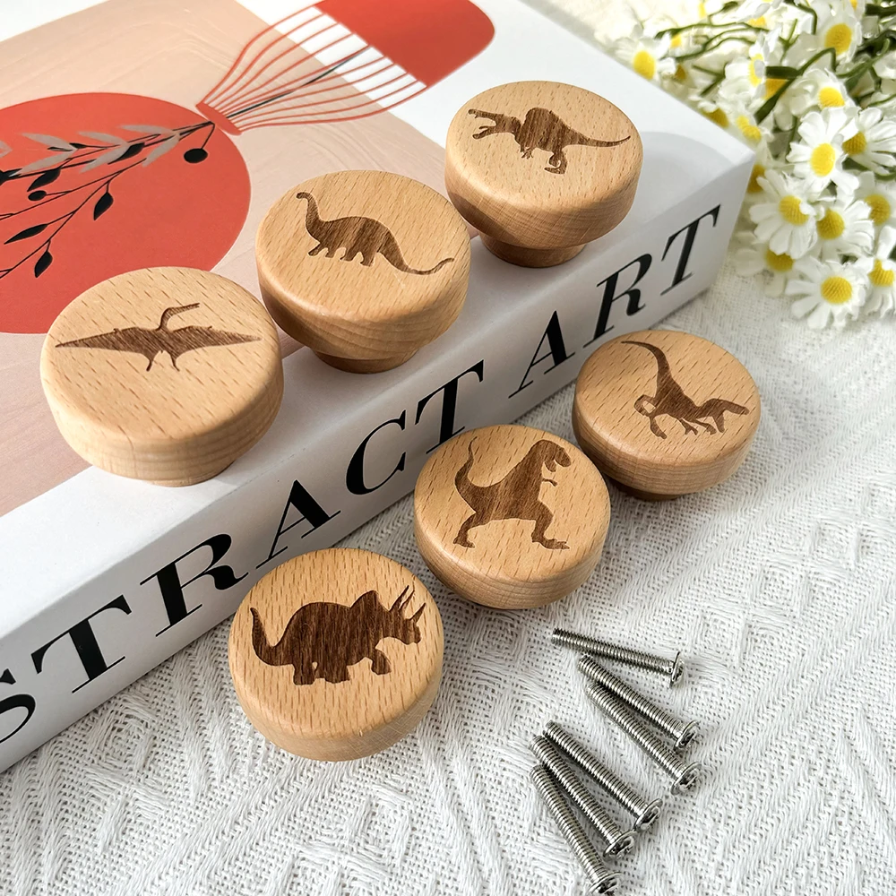 6Pcs Beech Wood Engraved Cute Dinosaur Dresser Knob Kitchen Cabinet pulls Single Hole Drawer Knobs Furniture Handle