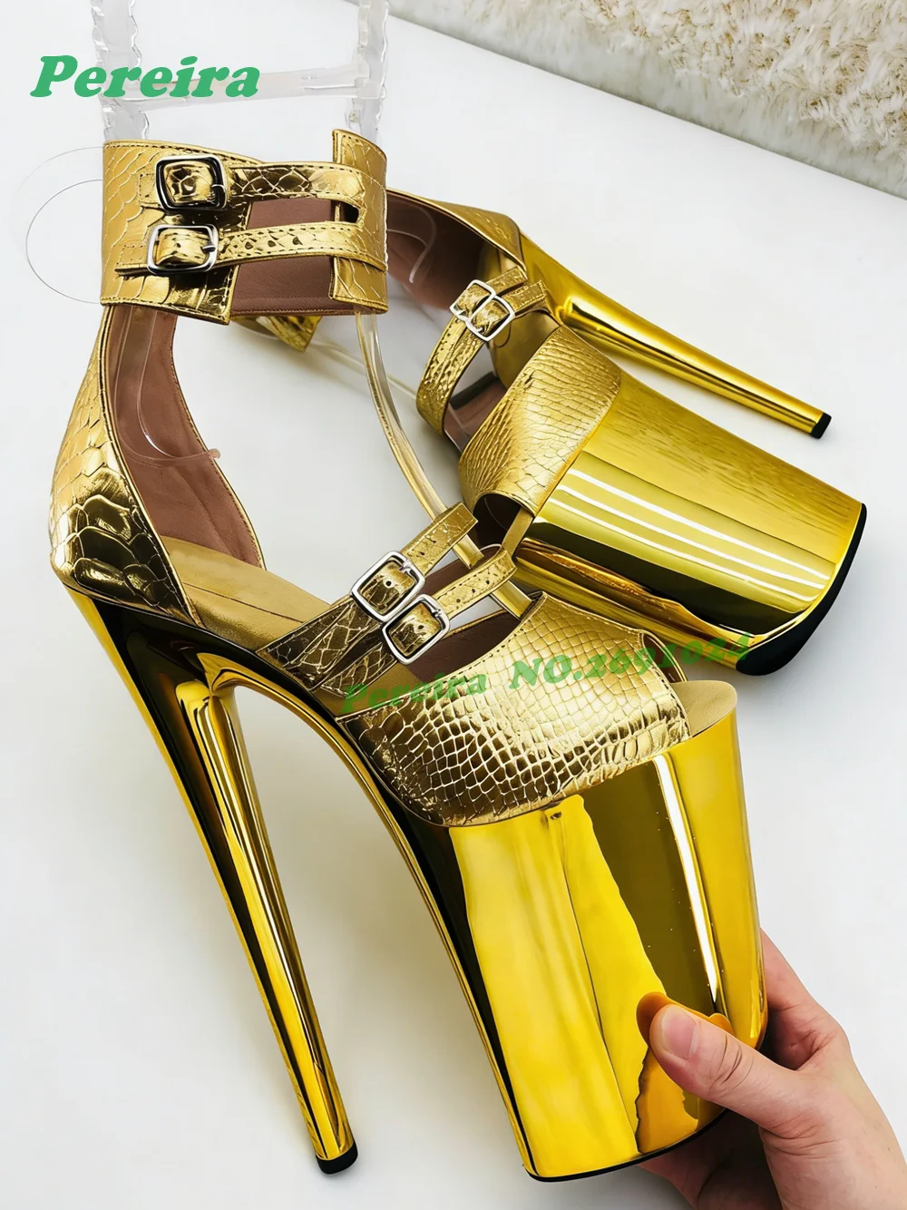 

Gold Snakeskin Embossed Platform Stiletto Sandals Double Buckle Straps for Pole Dancing Nightclub Performances Glossy Patchwork