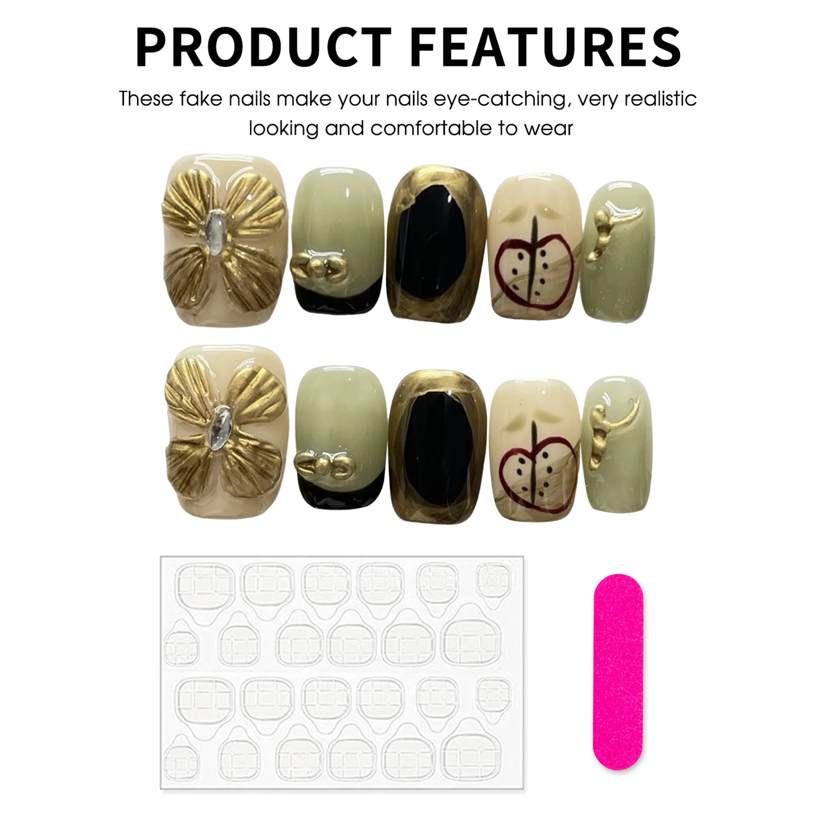 Faux ongles carrés courts avec fleur dorée 3D, à pression, faits à la main, pour femmes, fête de mariage, DIY, 10 pièces