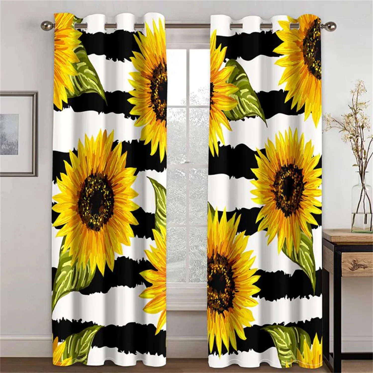 Elegant Sunflower Flower Yellow Floral Retro Light Filtering Drapes Window Curtains for Living Room Bedroom 2 Pieces Decor