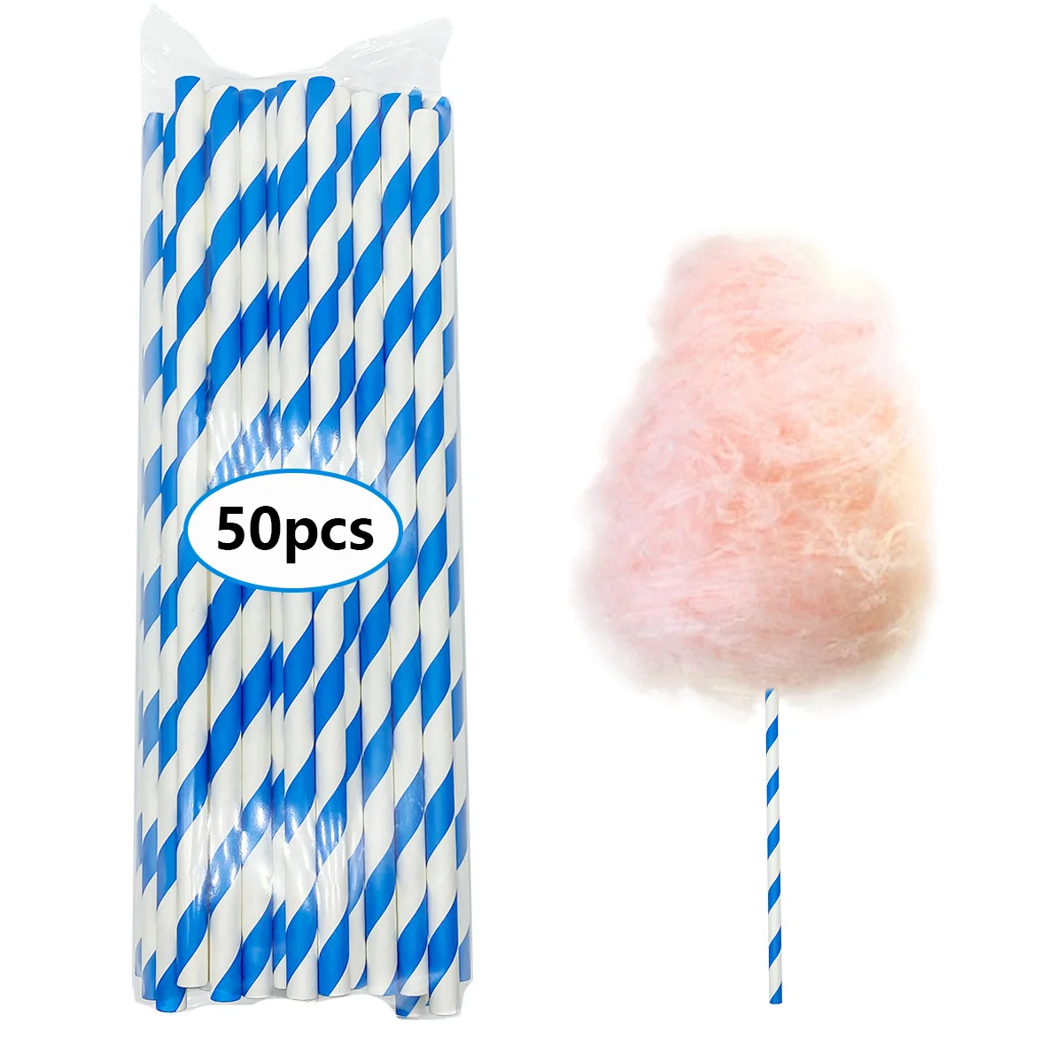 50pcs paper cotton candy stick blue&white striped 11.8