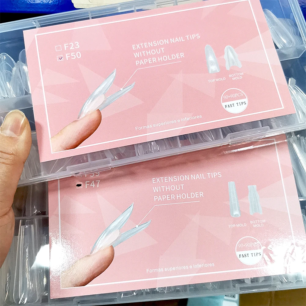 แม่พิมพ์ทำเล็บอะคริลิคแบบแซนวิช 180 ชิ้น รูปทรงอัลมอนด์/โลงศพ สำหรับต่อเล็บแบบเร็ว แม่พิมพ์ด้านบน/ด้านล่าง แบบใช้ซ้ำได้ สำหรับทำเล็บ DIY