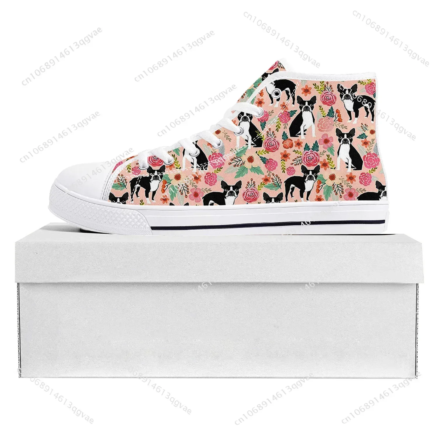 Boston Terrier High Top Sneakers Mens Womens Canvas Sneaker Casual Couple Shoes Custom Made Shoe White