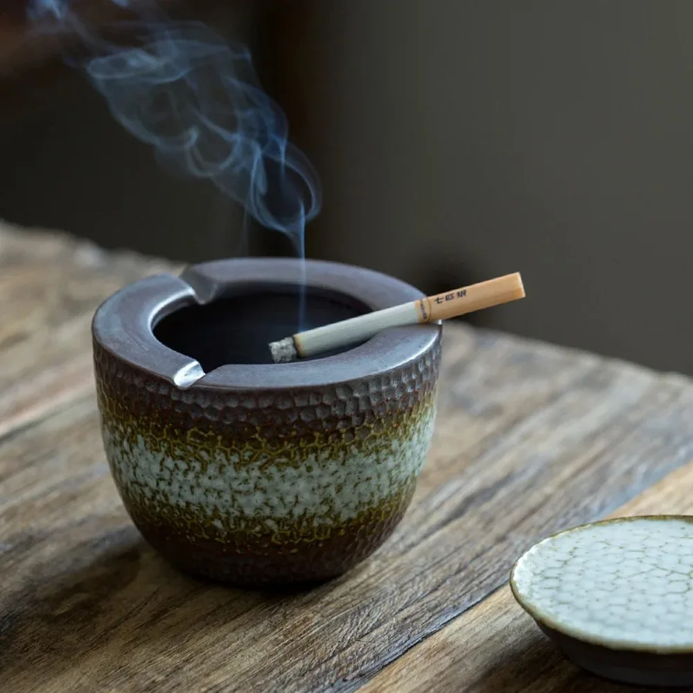 Retro Art Hammer Ceramic Ashtray with Cover Living Room Office Kiln Variable Ceramic Large-capacity Ashtray for Boyfriend Gift