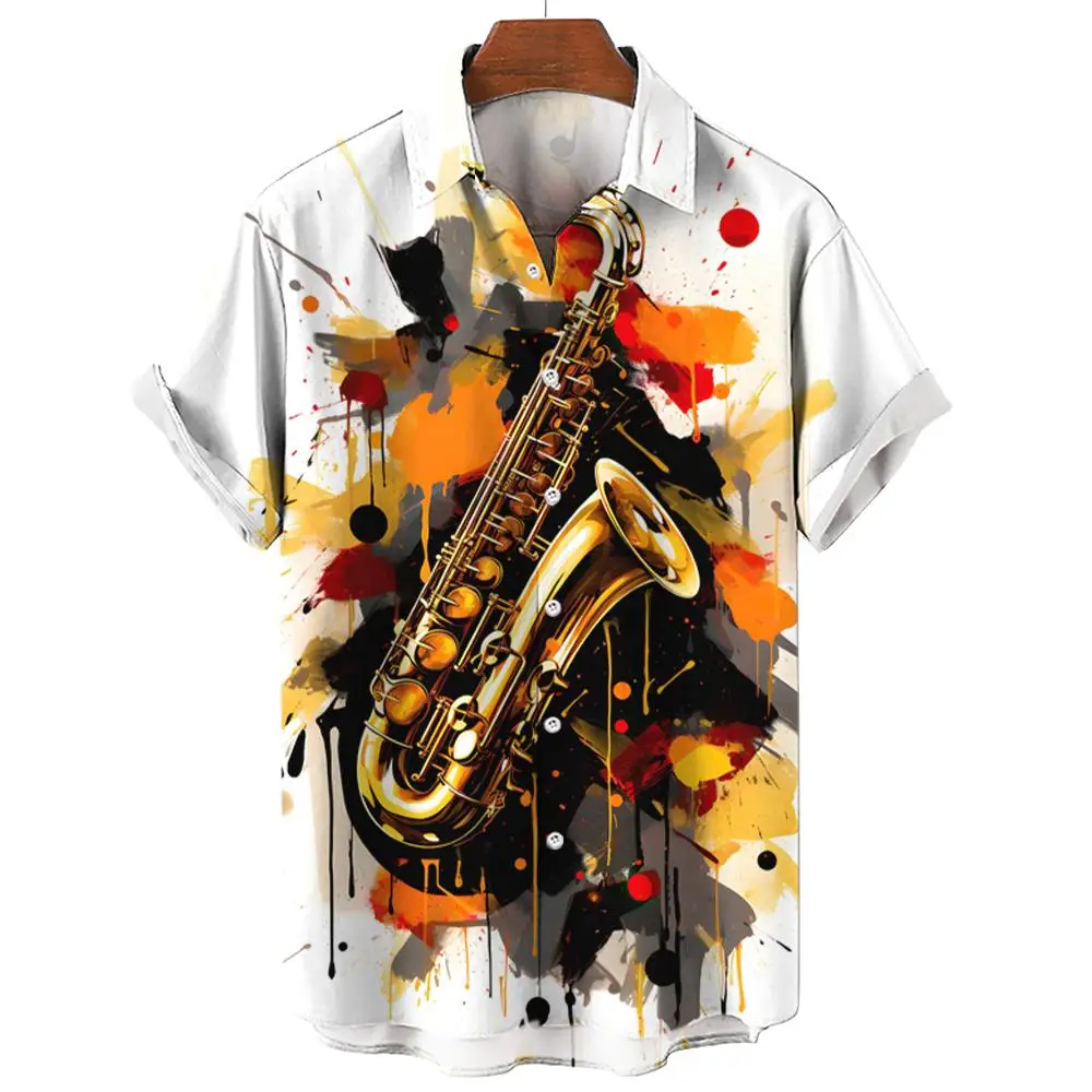 Summer Hawaiian Shirts For Men Music Guitar Printed Tops Clothing Fashion Casual Oversized Collar Rock And Roll Blouses