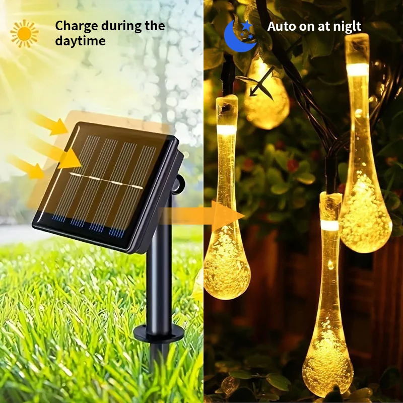 Solar Lights LED Water Drop String Lights Outdoor Waterproof Solar Teardrop Lights for Gardens Patio Yard Party Holiday Decor