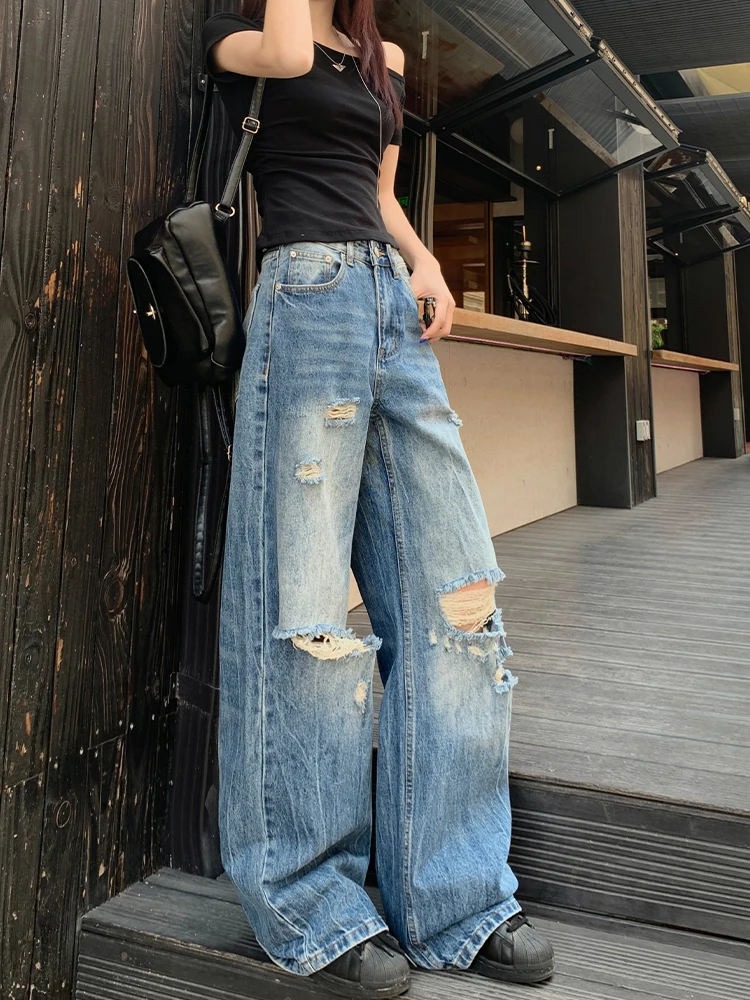 

American Retro Hole Denim Jeans Women plus Size Loose Slim Waed Straight Leg Casual Floor-Length Pants
