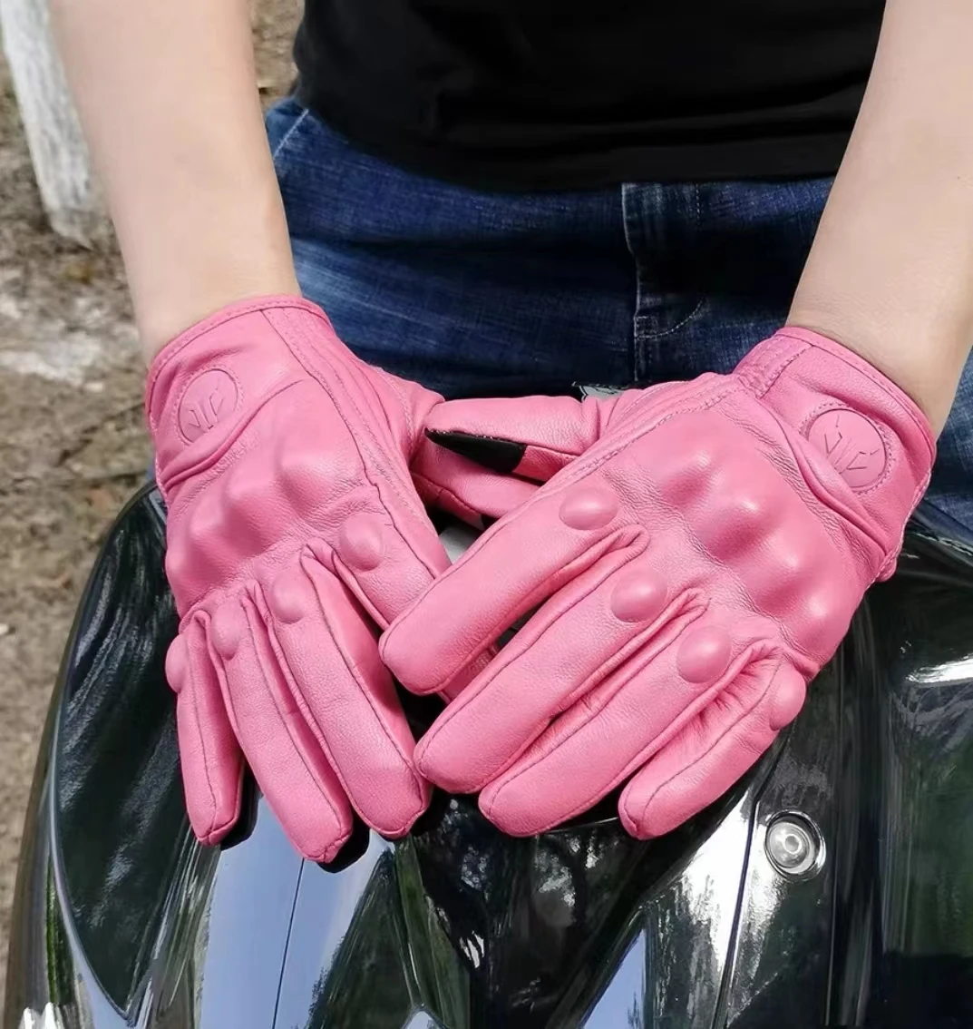 

Women pink Motorcycle Leather Gloves Summer Breathable Moto GP Gloves Retro Full Finger Cycling Gloves Pink XS-XXL