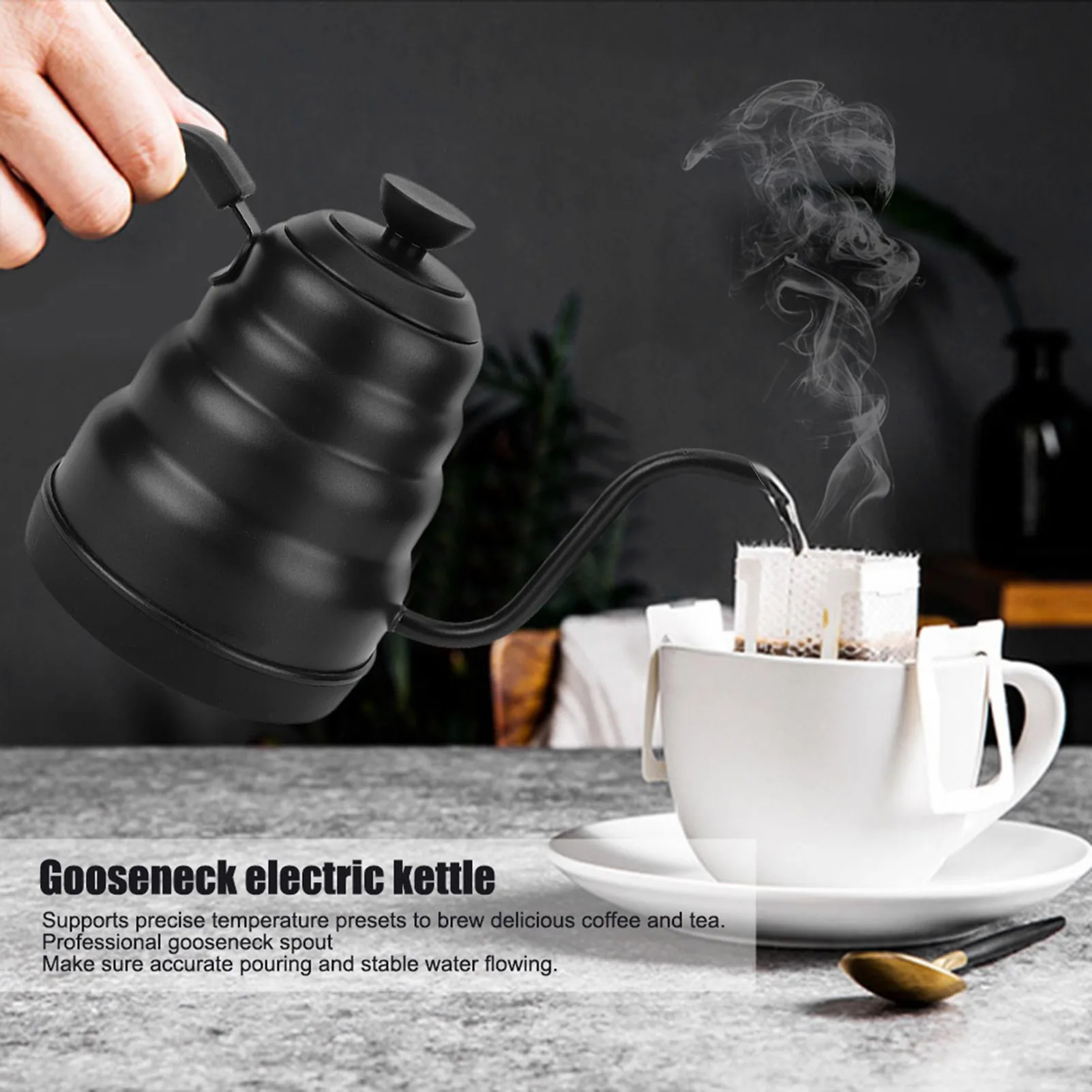 Ketel Listrik Gooseneck Hitam Dengan Layar LCD Kontrol Suhu Presisi Untuk Menyeduh Kopi Teh