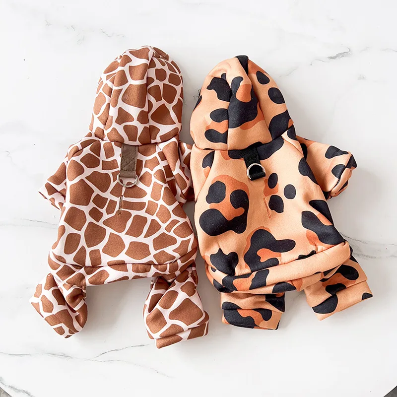 Leopard Print Pet Puppy Dog Four-legged Hoodie Clothes Small Dog Autumn and Winter Clothes Warm