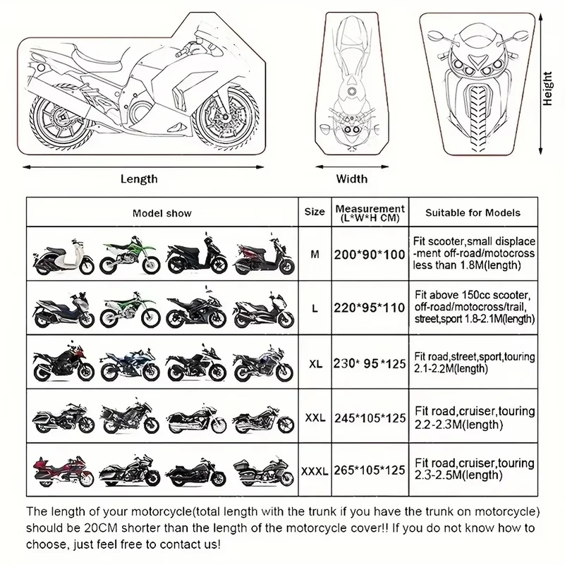 Motorcycle Cover Waterproof Outdoor Dustproof Windproof Universal Fit Bike Covers with Elastic Hem And Reflective Strips