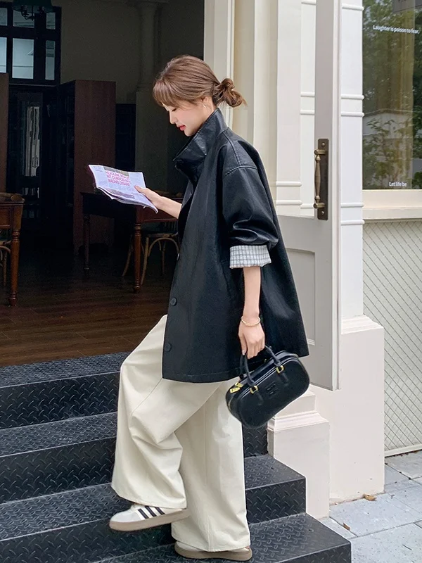 Bla Plaid Spliced ort PUレザー ジャケット レディース 春秋 2025 新作 スタイリッシュ 高級感 レザー ジャケット