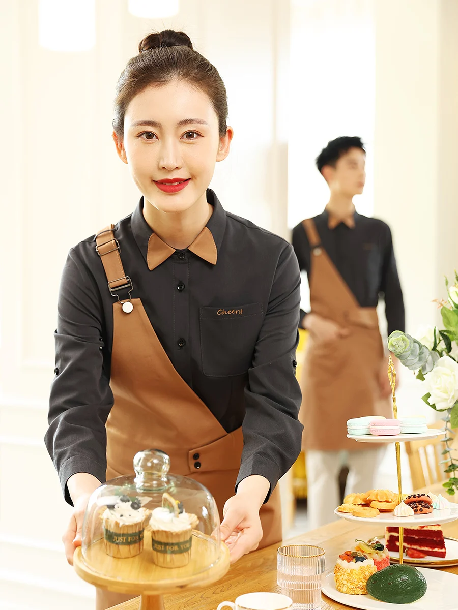 2023 Spring/Autumn Coffee Shop High Quality Work Shirt+Brown Apron Set Cake Milk Tea Shop Staff Work Clothing Wholesales Uniform