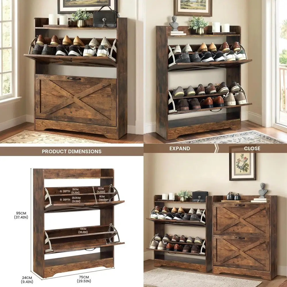 

Wooden Shoe Cabinet with Flip Drawers and Adjustable Shelf - Freestanding Storage for Entryway