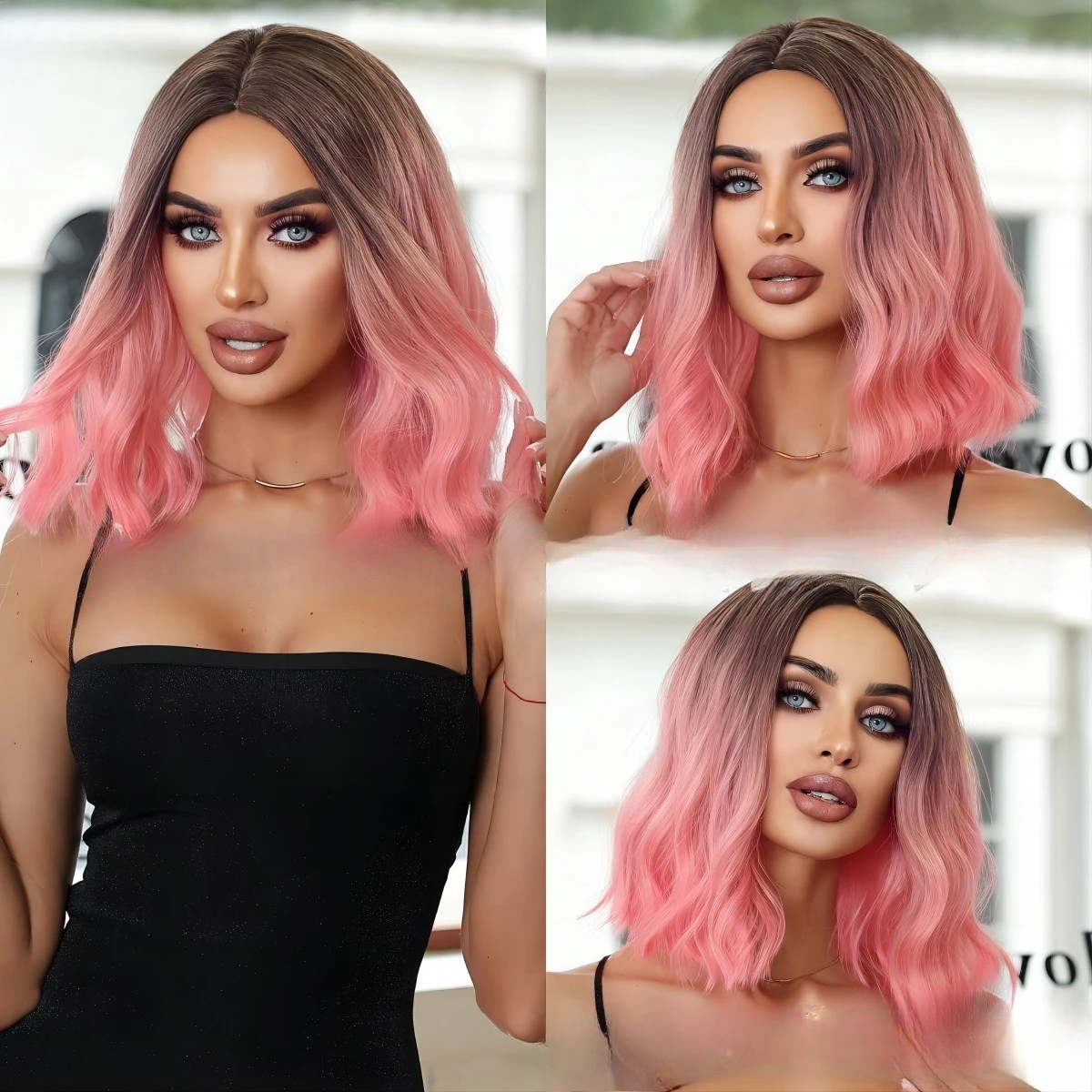 

Новый парик с розовой головой, постепенная смена, средняя водная рябь, короткие вьющиеся волосы, полный головной убор