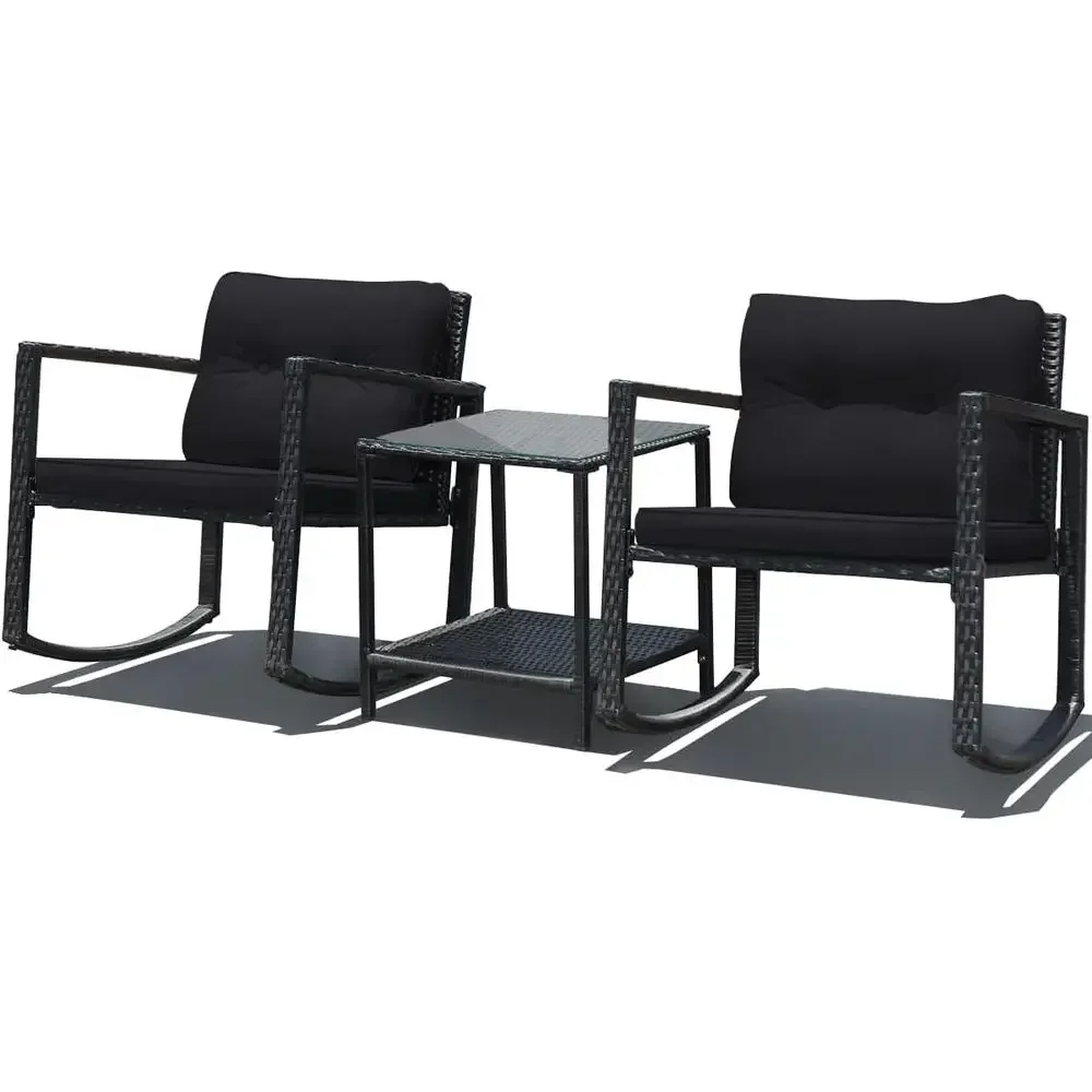3-Piece Outdoor Patio Furniture Set: Rattan Rocking Chair, Glass Coffee Table with Cushions, Perfect for Bistro or Poolside, Bla