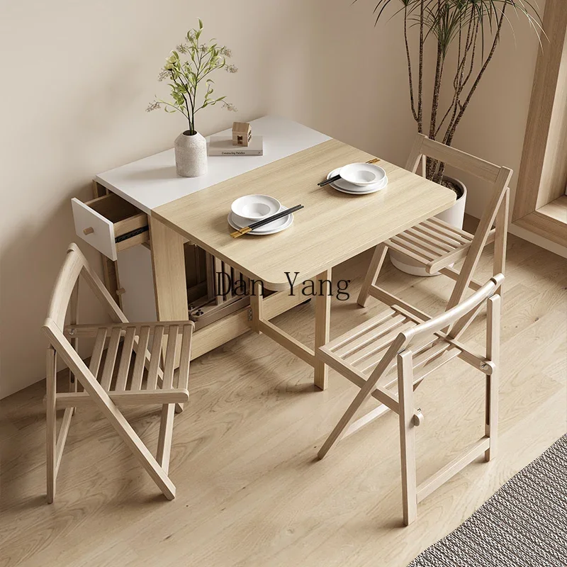 YJ multifunctional folding dining table and chair combination small apartment household retractable belt wheel dining table