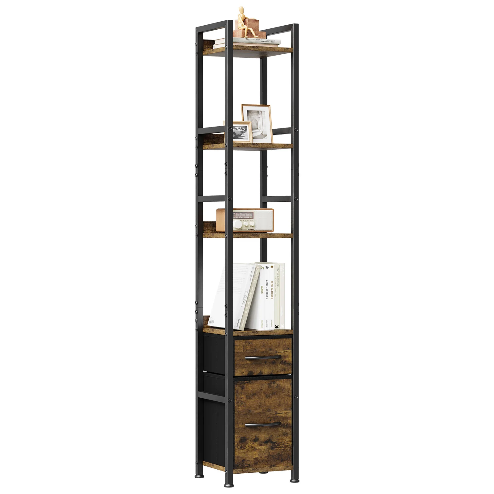 4 Tier Slim Tall Bookshelf with 2 Fabric Drawers, Skinny Industrial Open Bookcase, Heavy Duty Wooden Display Shelf for Small Spaces Living Room Bedroom