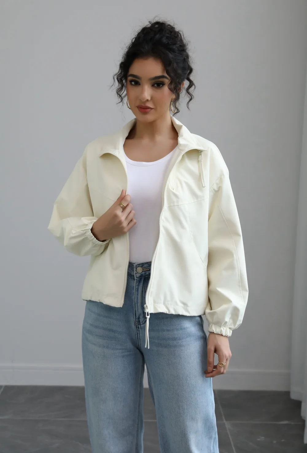 European American Autumn New Fashion Women's Solid Color Stand Collar Long Sleeve Simple Basic Casual Trendy Jackets Female Coat