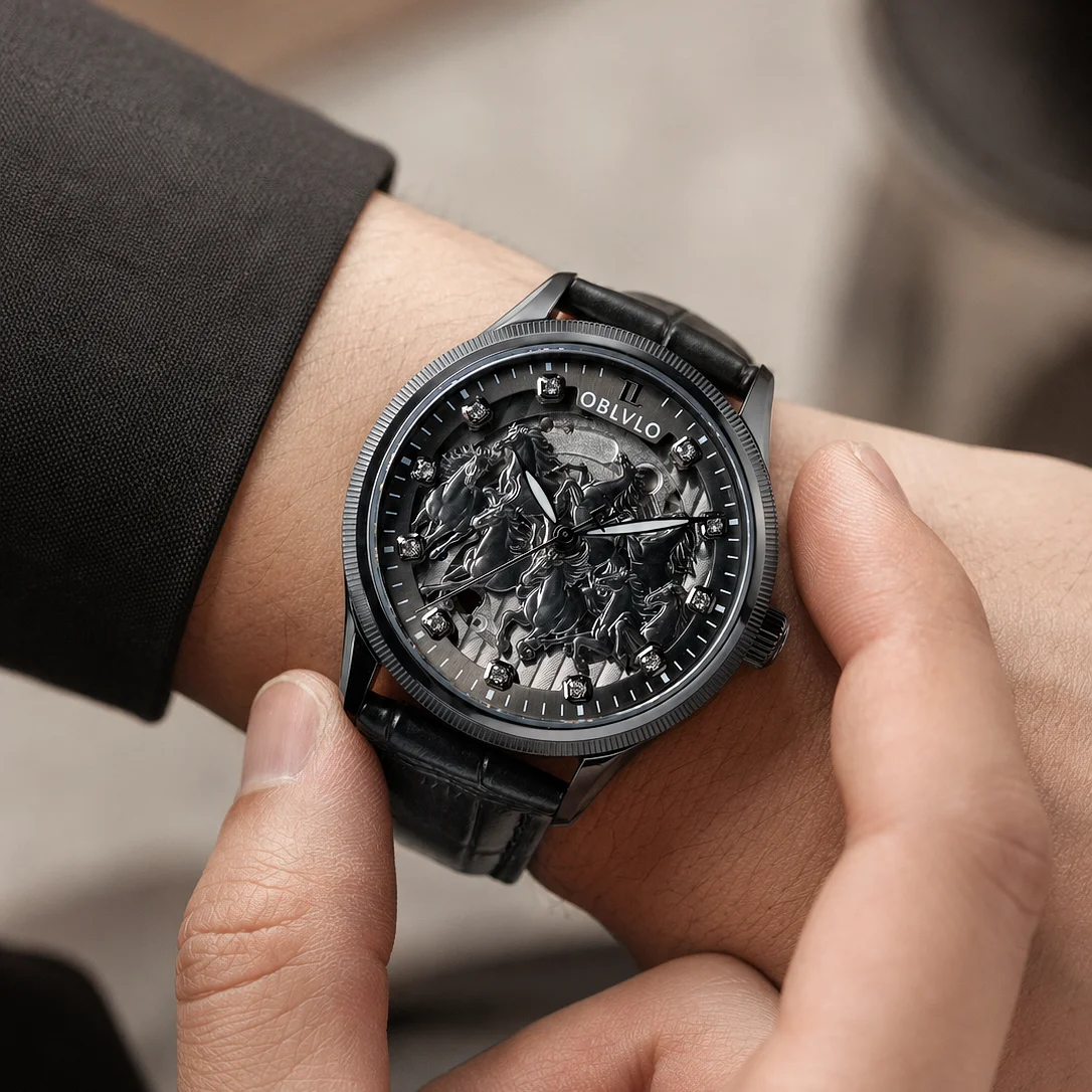 OBLVLO Men's Black PVD Mechanical Watch 3D Sculpted Horse Multi-Layer Dial Crocodile Pattern Leather Automatic VHM