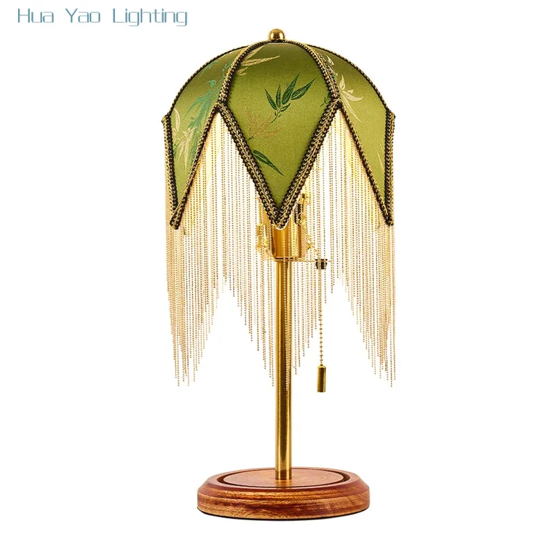 Bedroom Table Lamp Bedside Living Room Home Decor Designer Bed Side Wood Desk Light With Green Fabric Lampshade Fringed Tassels
