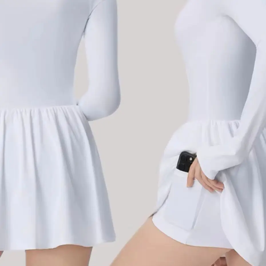 

Новое цельное платье с воротником-стойкой и длинными рукавами, женское платье для йоги, бега на открытом воздухе, антибликовая основа, юбка трапециевидной формы, комбинезон для тренировок, тенниса