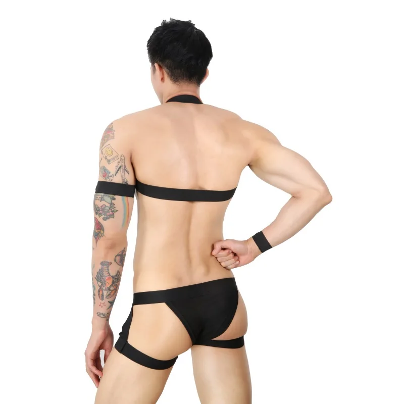 Conjunto de arnês Bondage masculino, sexy chest halter, cinto corporal com braçadeira elástica, pulseira, anel de perna, liga, roupa interior, lingerie, fetiche