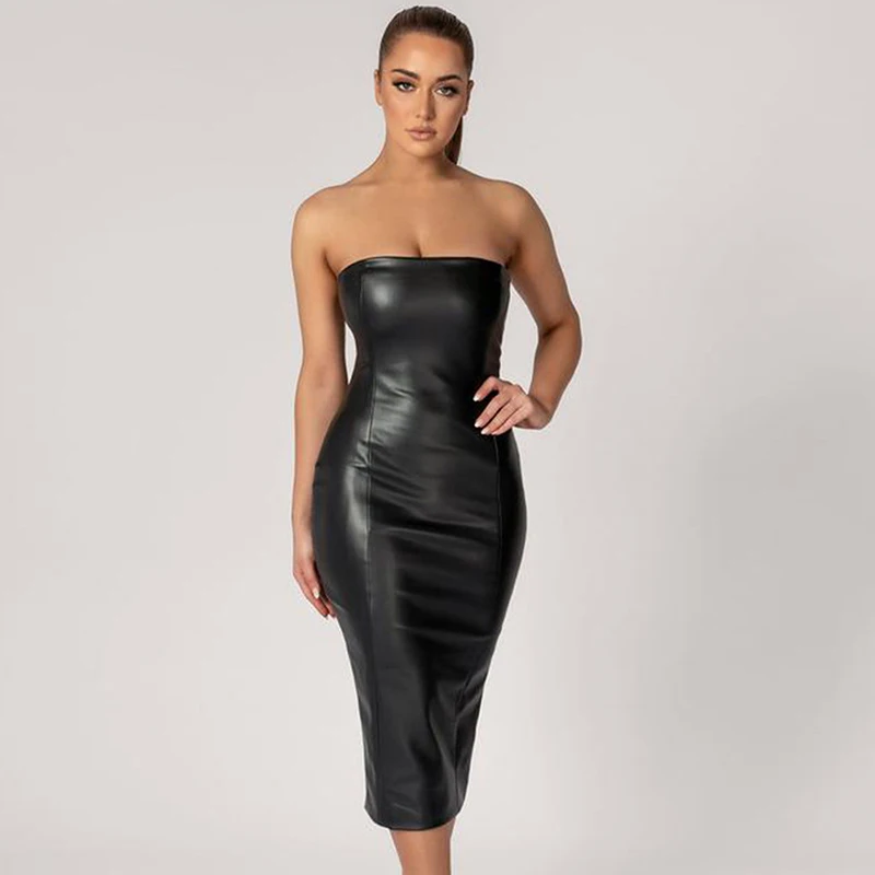 Solid Color PU Leather Fashionable Temperament Slim Fit Strapless Split Open Explosive Sexy Mid Length Skirt