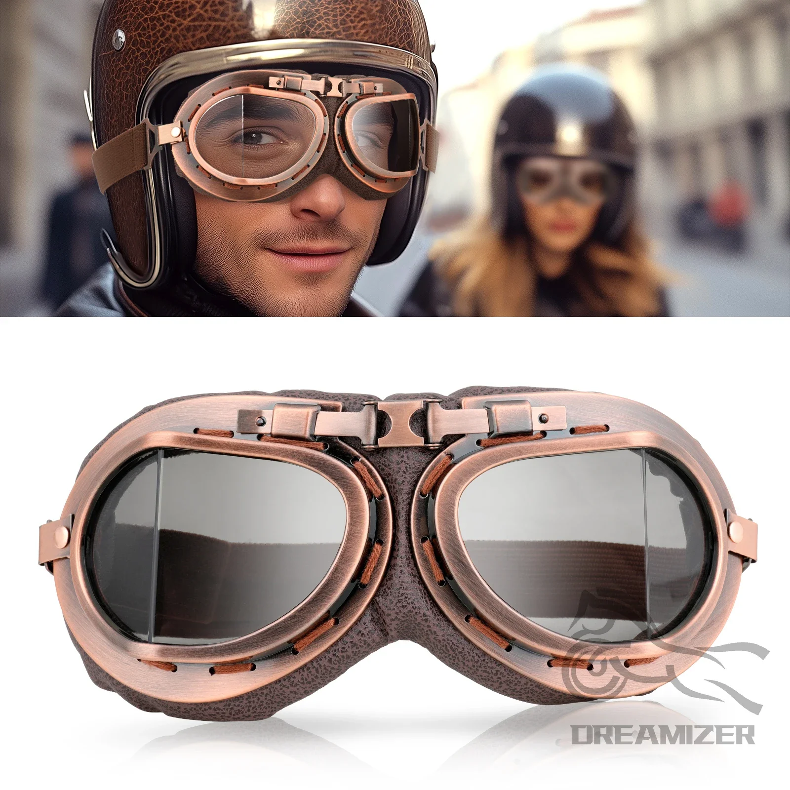 Retro Motorcycle Goggles Glasses Vintage Moto Classic Goggles For Harley Pilot Steampunk ATV Bike Copper Helmet