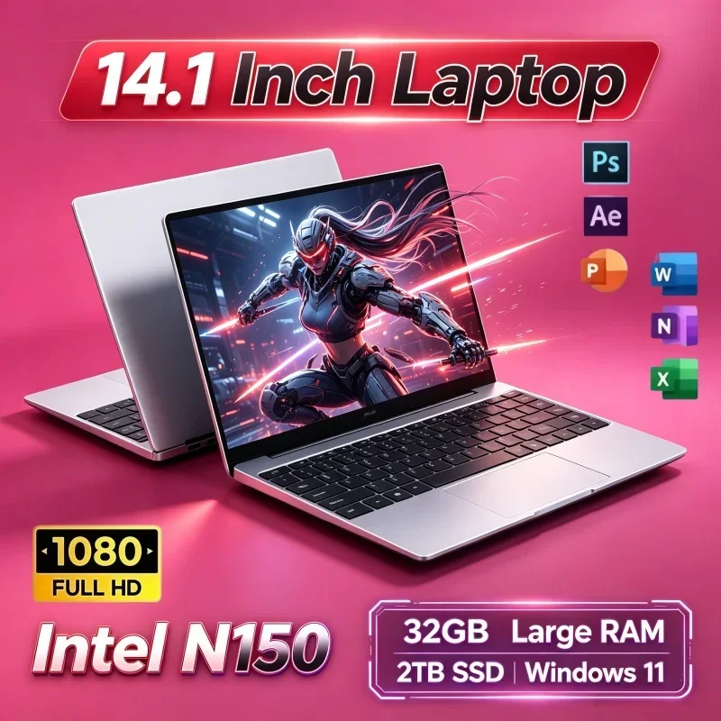 14.1 Inch Intel N150 Processor Windows 11 32GB RAM 2TB SSD Large Storage Laptop For Study Office Casual Game