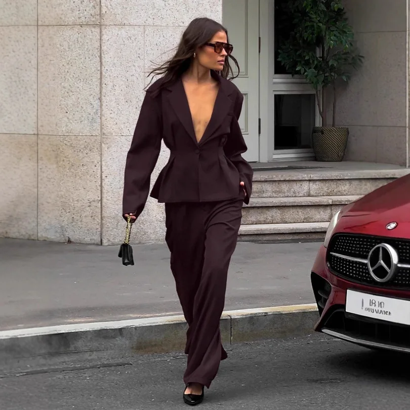 Cross Waist Blazer Sets for Women Spring Summer Brown Blazer Pants Matching Set Office Suit