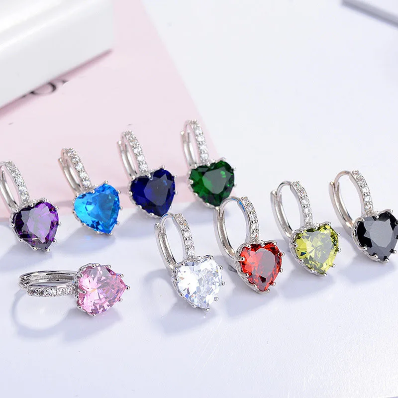Cute Colorful Heart Real Pure 925 Sterling Silver Jewelry Cubic Zirconia Stone Earrings Fashion Women Favourites Earring