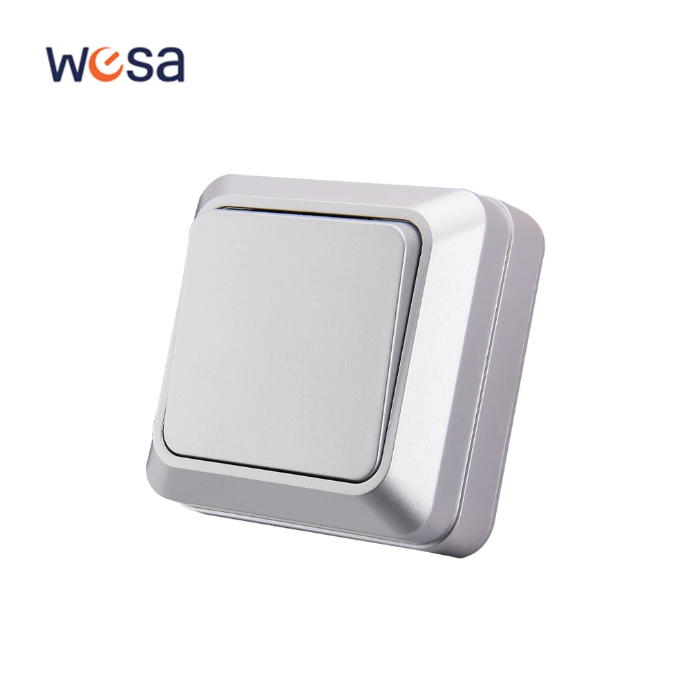 WESA Silvery Wall Surface Button Light Switch EU Spray Paint Plastic Outdoor 1 Gang 1 Way Wall Exterior Rocker On / Off  Switch