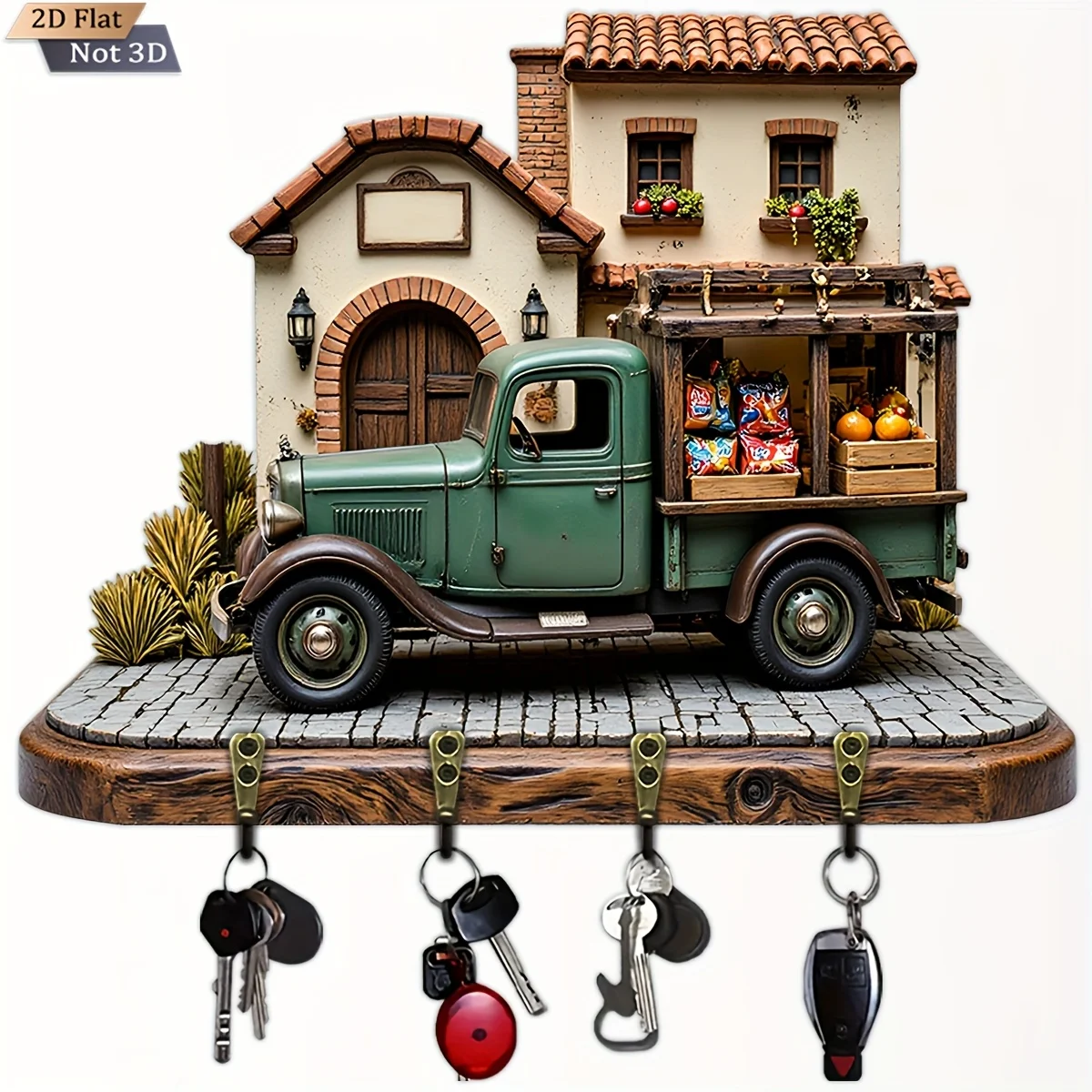 2D Flat, 1pc,  truck-shaped key hook, wooden multi-functional home key rack, with four metal hooks, wall decoration, porch