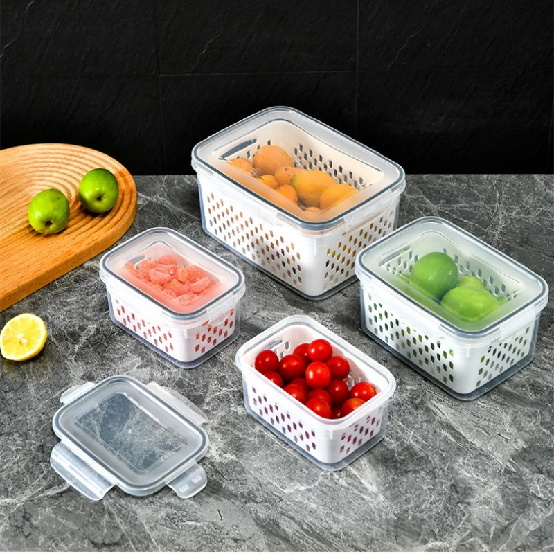 Refrigerator Storage Box Multifunctional Sealed Freshkeeping Boxes Vegetable Fruit Container with Drain Basket Kitchen Organizer