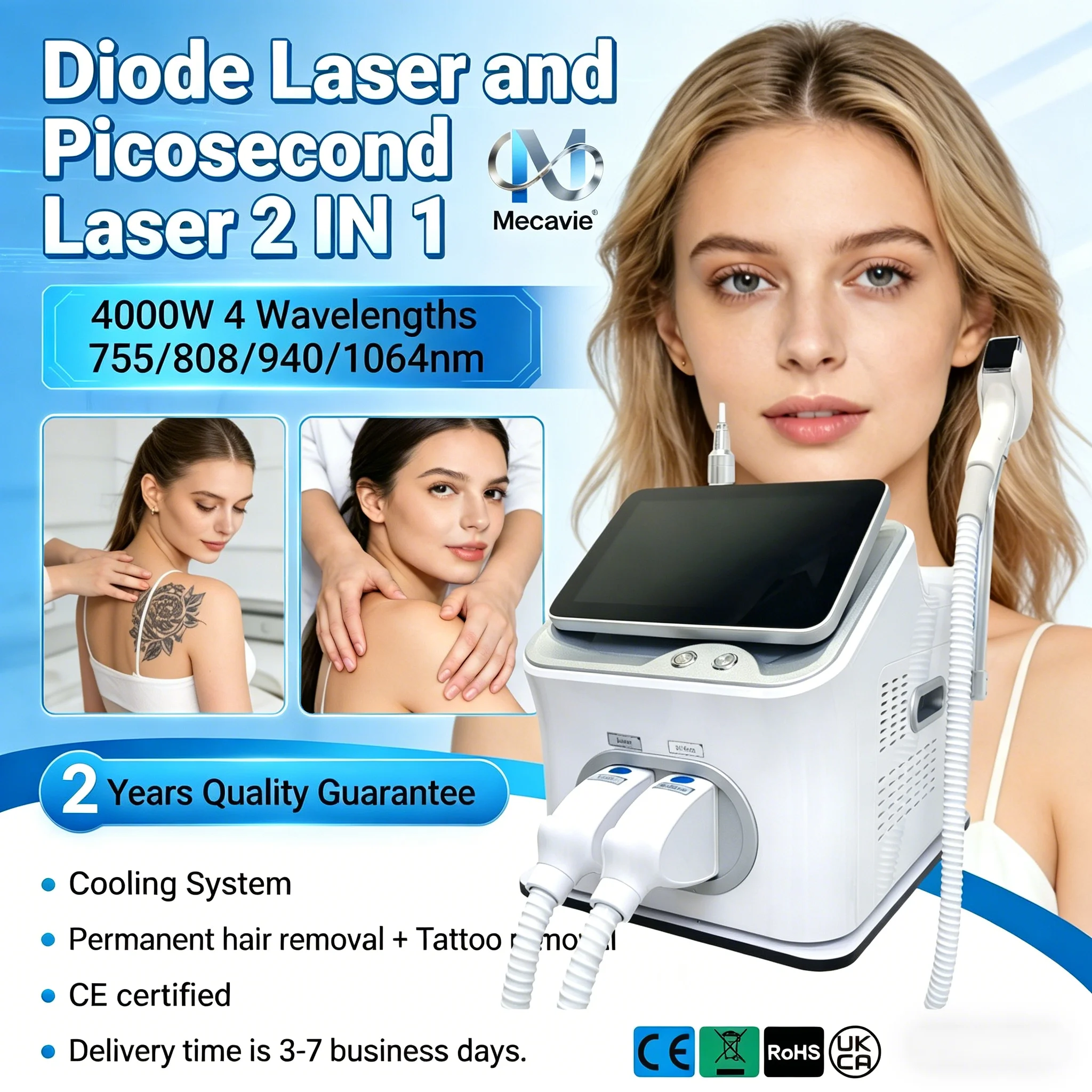 Dispositivo de Depilación Láser de Diodo Picosegundo 2 en 1 Soprano de 5000W 808+ para Eliminación de Tatuajes y Depilación Permanente