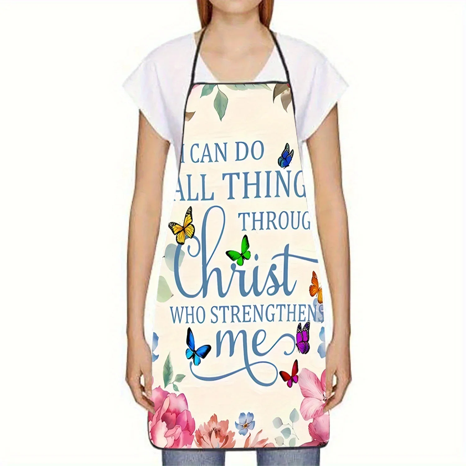 1pc Inspirational Religious Quote & Butterfly Floral Print Sleeveless Polyester Apron Ideal for Home Kitchen Baking Cooking