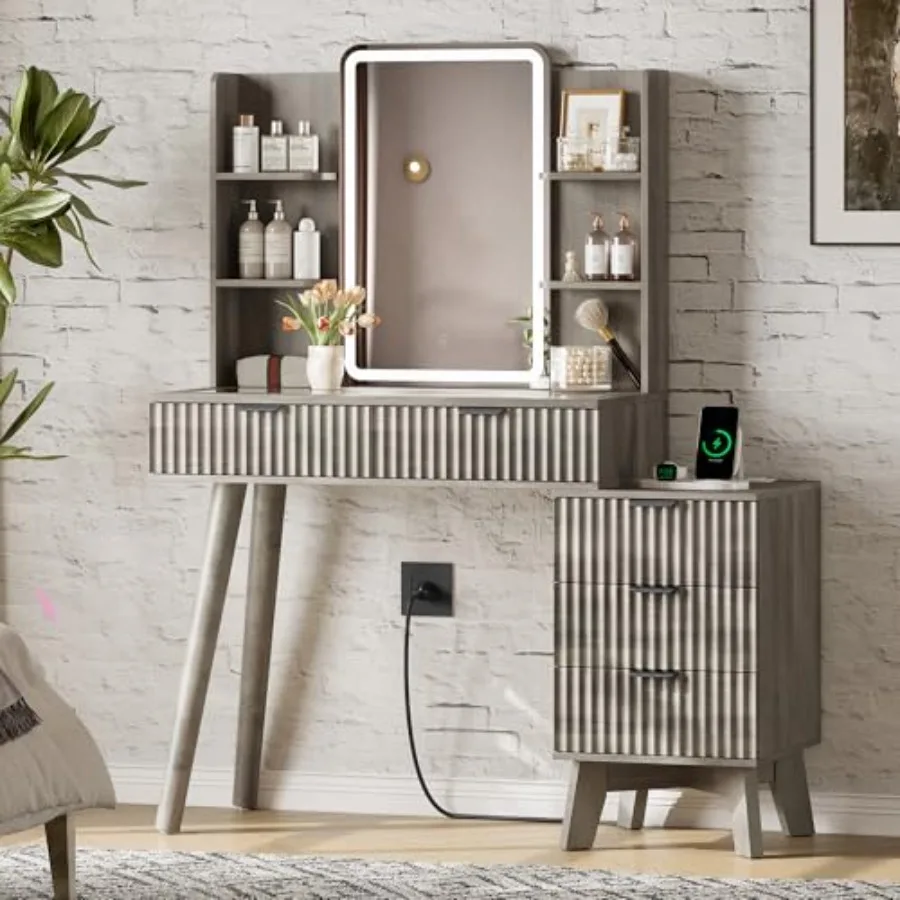 

Fluted Vanity Desk with Mirror and Lights, Glass Top Makeup Table Set with, Power Outlet and Storage Cabinet, Large Dring Table