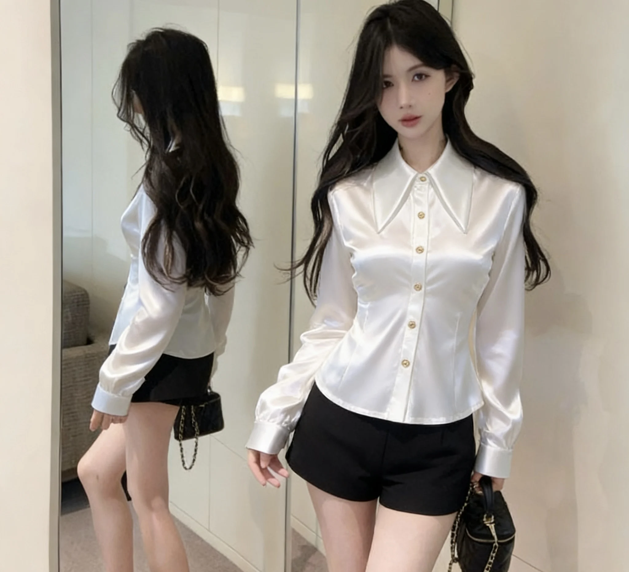 

Silk Long Sleeve Shirt Waist Cinched High End Top Professional Collar Women's Slim Fit Moisture Wicking Resistant to Def...