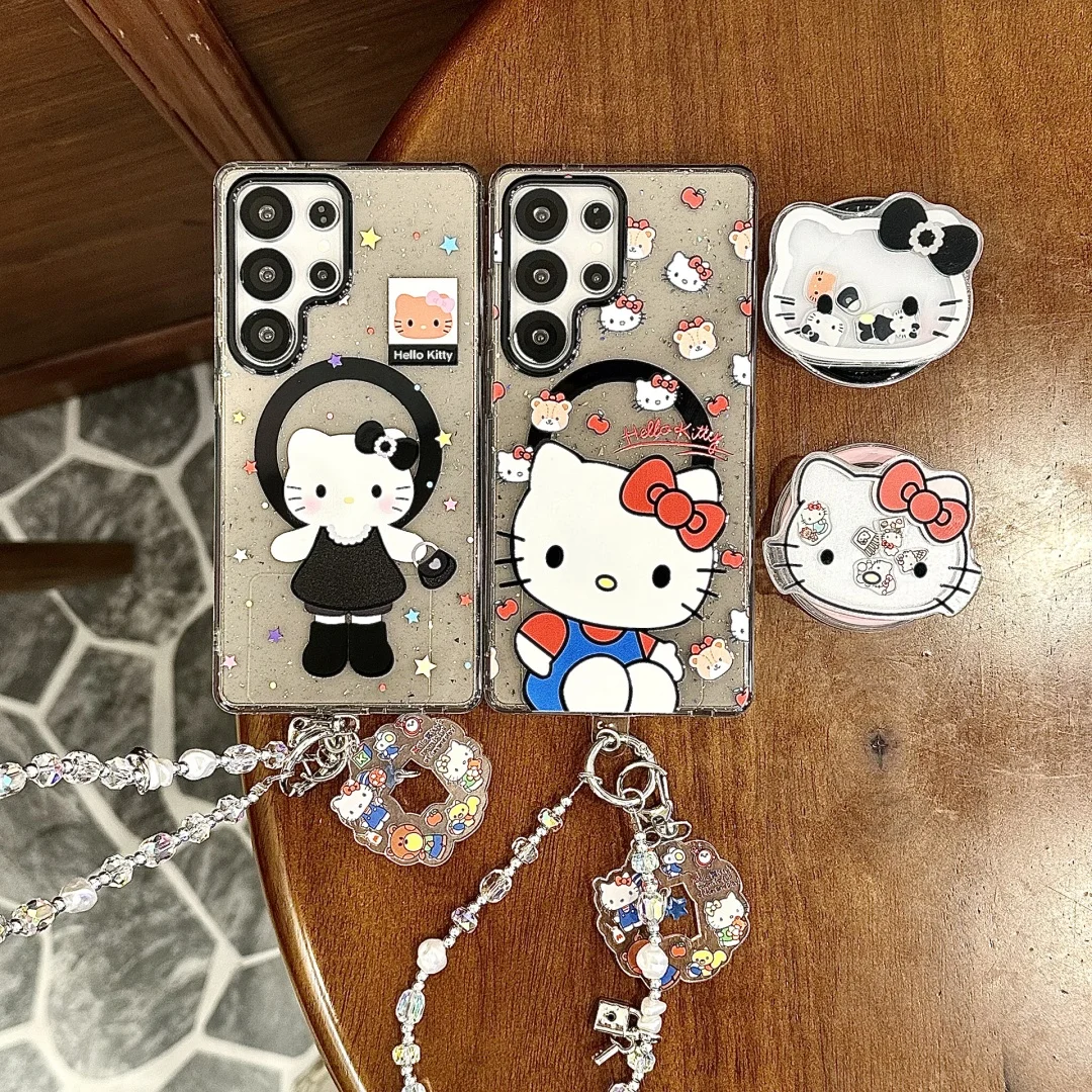 

Cute Hello Kitty Magnetic Holder Stand Strap Phone Case for Samsung Galaxy S25 Ultra S24 Plus S22 S23 FE 5G Anime Shining Cover
