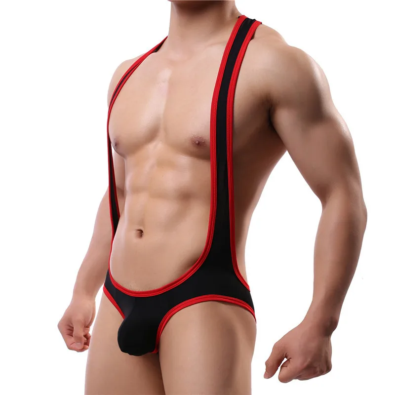 Sexy masculino bodysuit gelo seda undershirts elástico macacão collant wrestling singlet pênis bolsa briefs gay jockstrap cueca