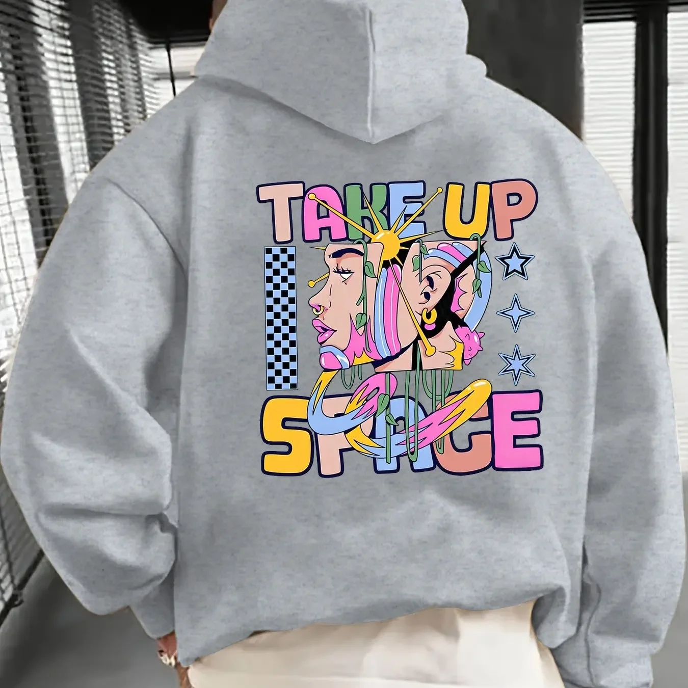 Korean Hot Trend Take Up Space Abstract Graffiti Face Back Print Hoodie Men Loose Oversized Unisex Pullover Sweatshirt