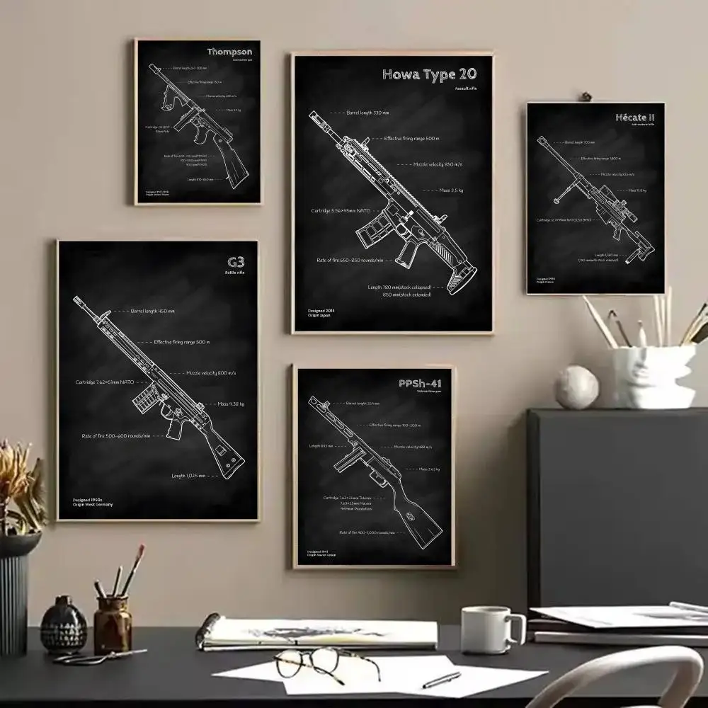 Classic Firearm Design Diagram Poster Decorative Wall Art Stickers Mural Photo Print for Home Living Room Hallway Decor Gift