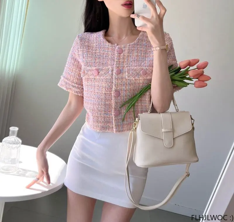 Chic Korea Short Crop Coats New Design Women Japan Girls Office Lady Pink Button Short Sleeve Jackets