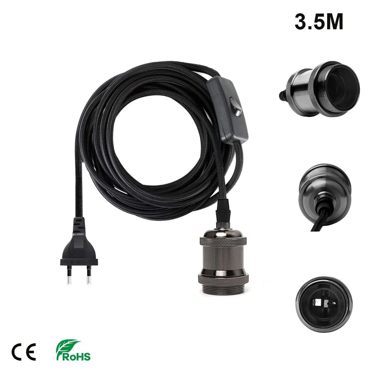 

3.5m Cable Power Cord with Plug and Switch Lamp Holder E26 E27 Socket DIY Electric Textile for Lamp Hanging Pendant Light