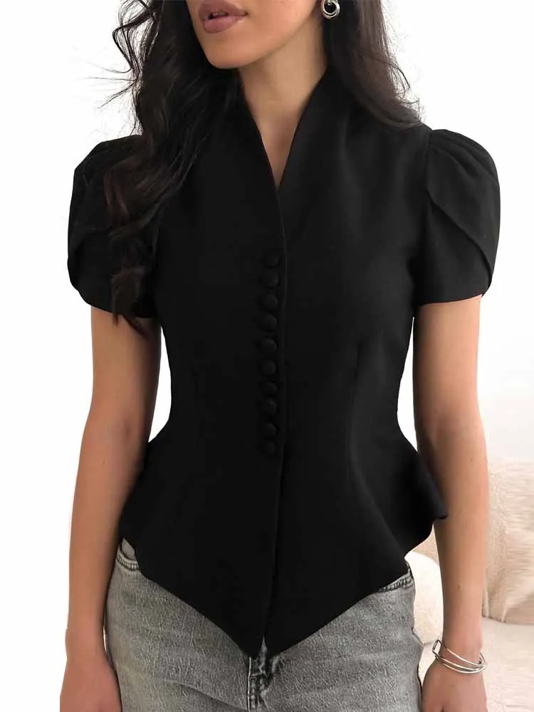 

MCDV Irregular Elegant Waist Slim Shirts Women Stand Collar Short Sleeve Single Breasted Crop Top 2025 Summer Chic Commute Tops