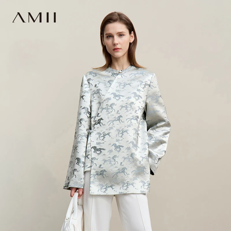 Amii Women's Jacket 2026 Autumn New Elegant Jacquard Tie Front Coat O-Neck Loose Asymmetric Placket Long Sleeve Tops 12641097