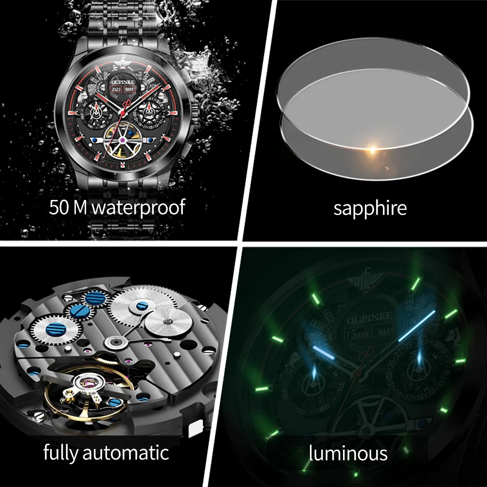 OUPINKE Luxury Men Tourbillon Multifunctional Design Mens Watches Top Brand Waterproof Casual Steel Automatic Mechanical Watch