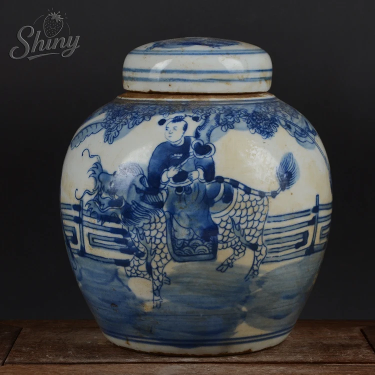 6.2 "الصينية الأزرق والأبيض الخزف جرة سلالة تشينغ جينغدتشن كيلين و طفل تصميم وعاء الشاي العلبة إكسسوارات ديكور منزلي
