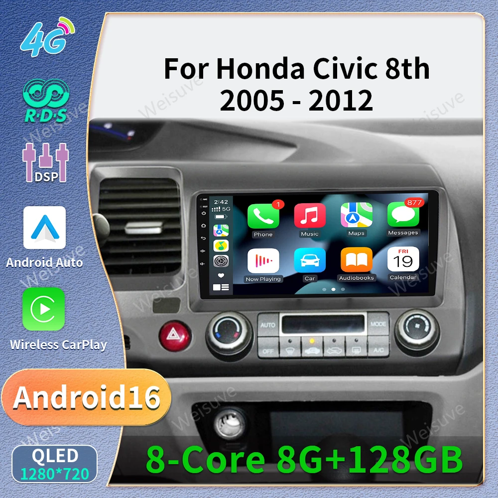 Android 16 For Honda Civic 8th 8gen 2005 2006 2007 2008 2009 2010 2011 Auto Radio Stereo GPS Navigation Multimidia Player screen